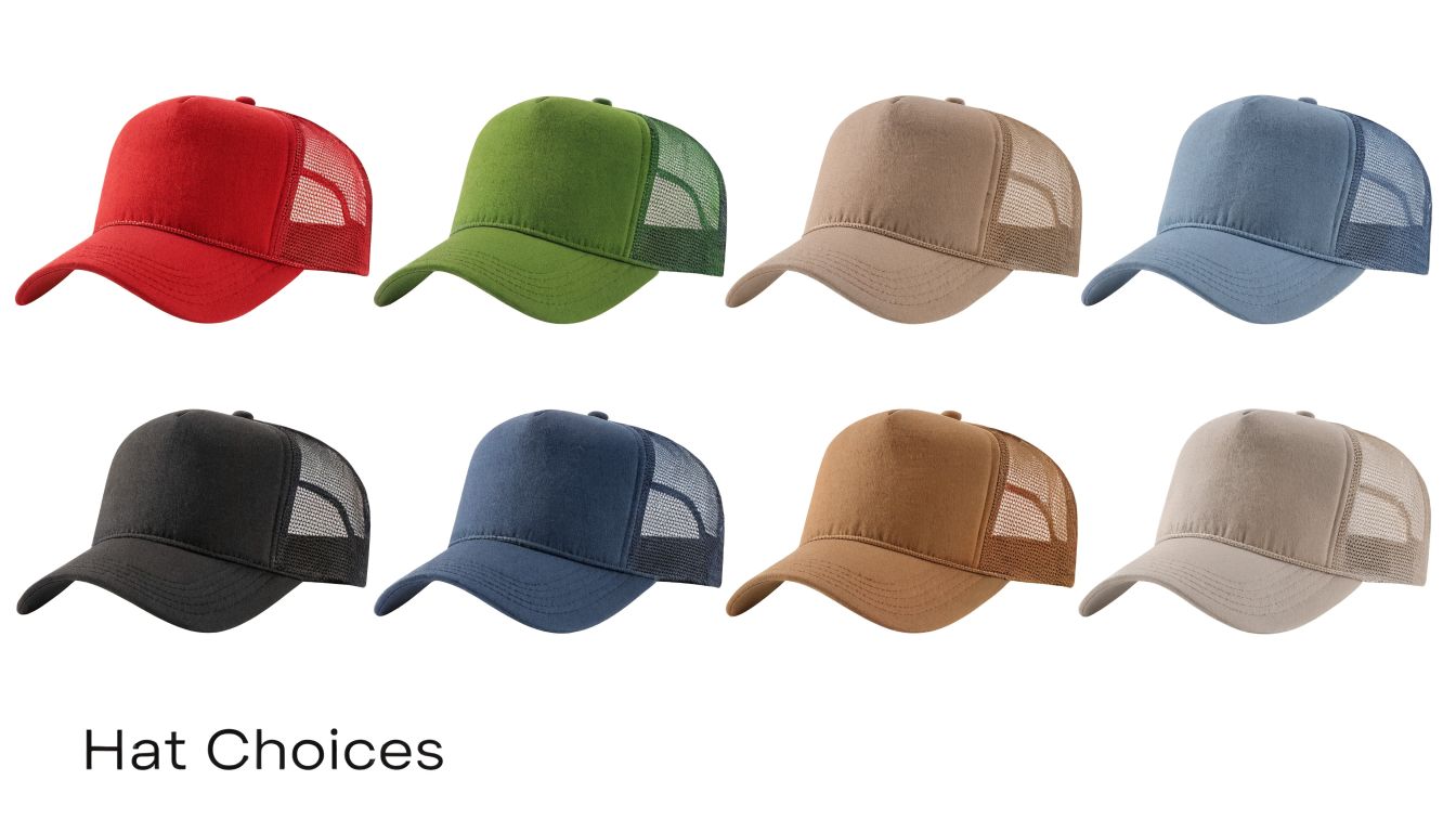 A display of eight different colored mesh back trucker hats arranged in two rows for selection.