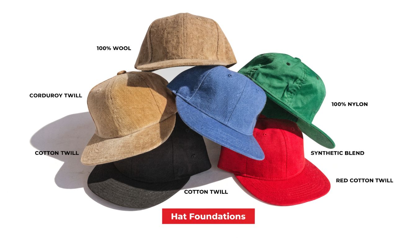A collection of various colored flat bill hats made from different fabric materials stacked together.
