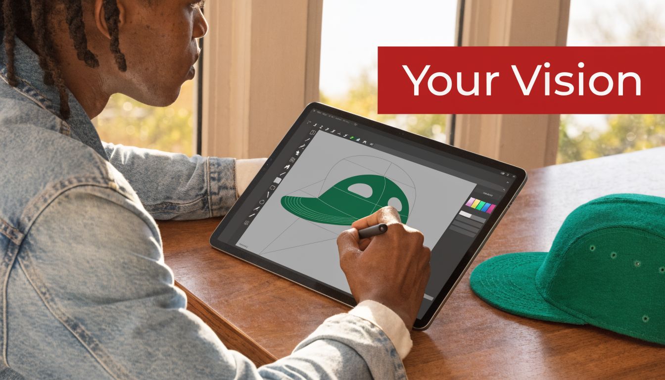A person using a stylus to design a green baseball cap on a tablet.