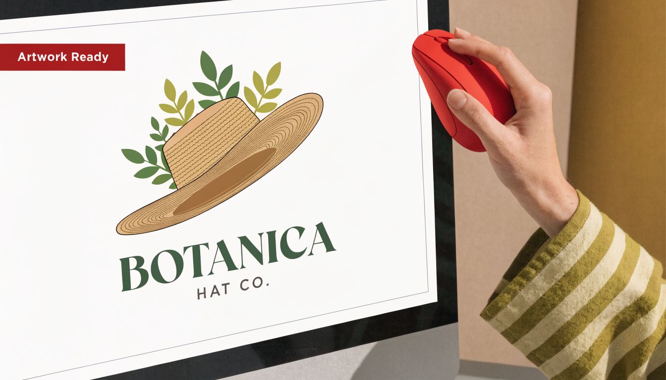 A hand using a red mouse to design a custom Botanica Hat Co. logo on a screen.