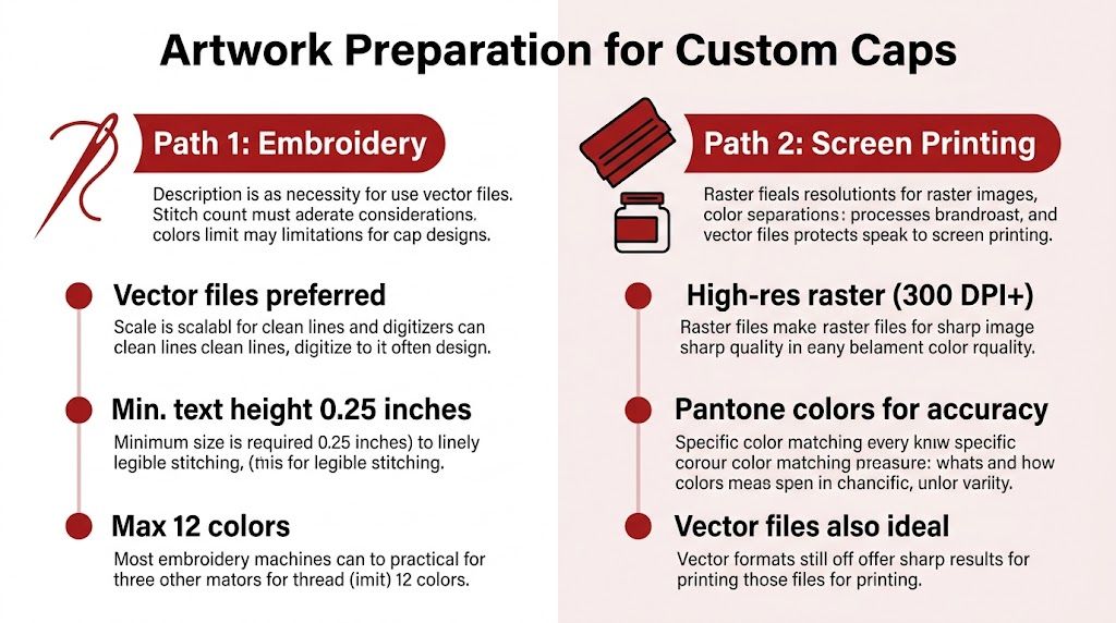 An infographic titled Artwork Preparation for Custom Caps outlining requirements for embroidery and screen printing file formats.