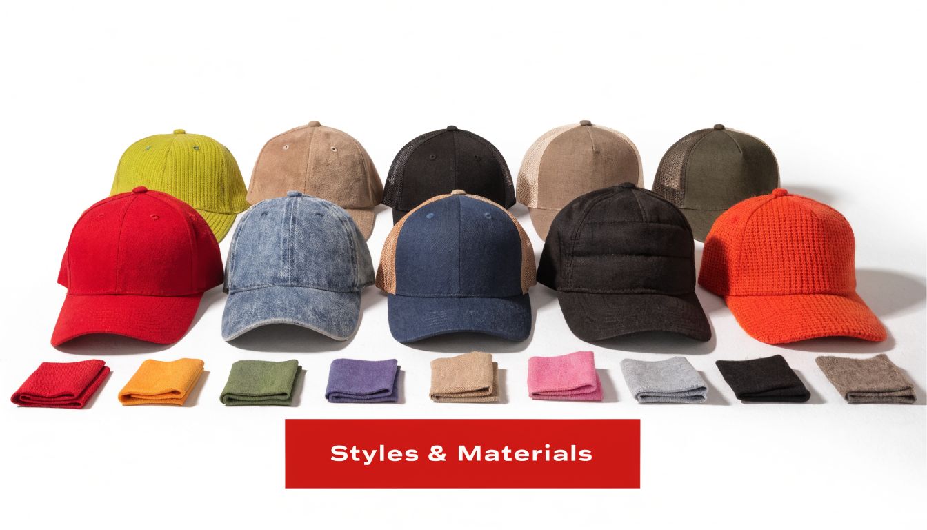 A colorful variety of baseball caps and folded fabric swatches displayed on a plain white background.
