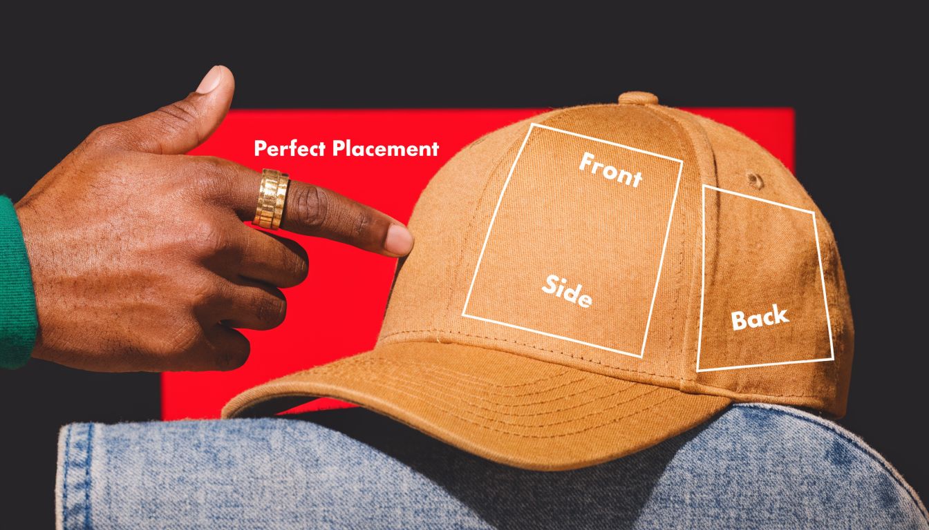 A hand points to the ideal placement for a logo design on a blank tan baseball cap.