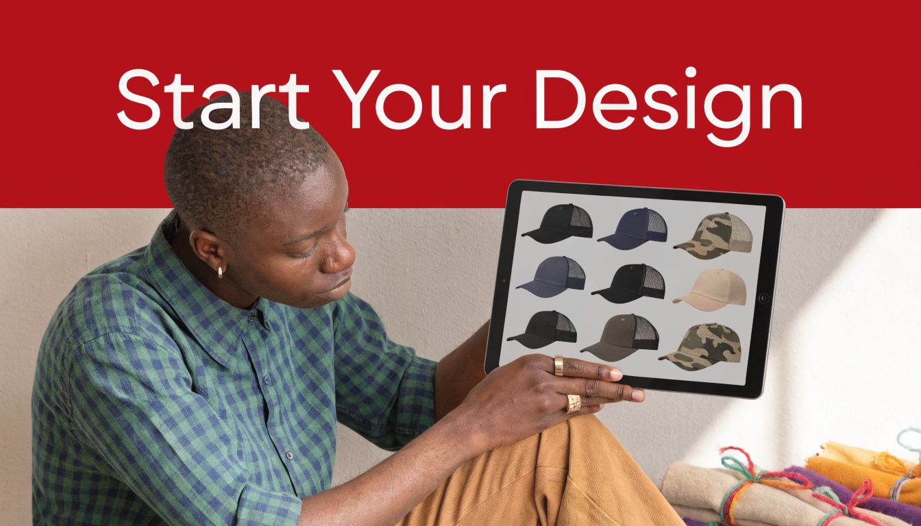 A person viewing a variety of customizable baseball cap designs on a digital tablet screen.