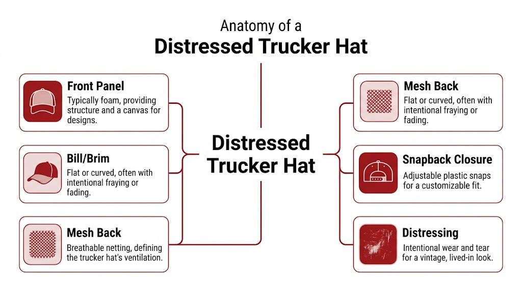 A diagram labeled Anatomy of a Distressed Trucker Hat highlighting its key components including the panel, brim, mesh, and closure.