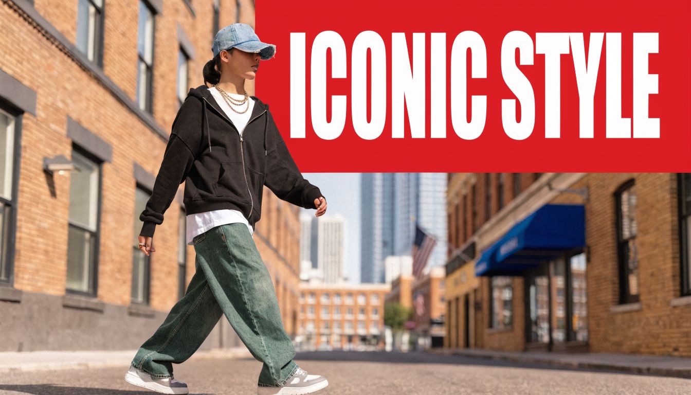 A person wearing a distressed trucker hat, black hoodie, and wide-leg jeans walking down a city street.