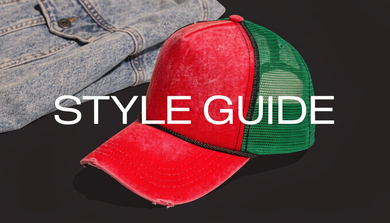 A distressed red trucker hat with a green mesh back positioned near a light denim jacket.
