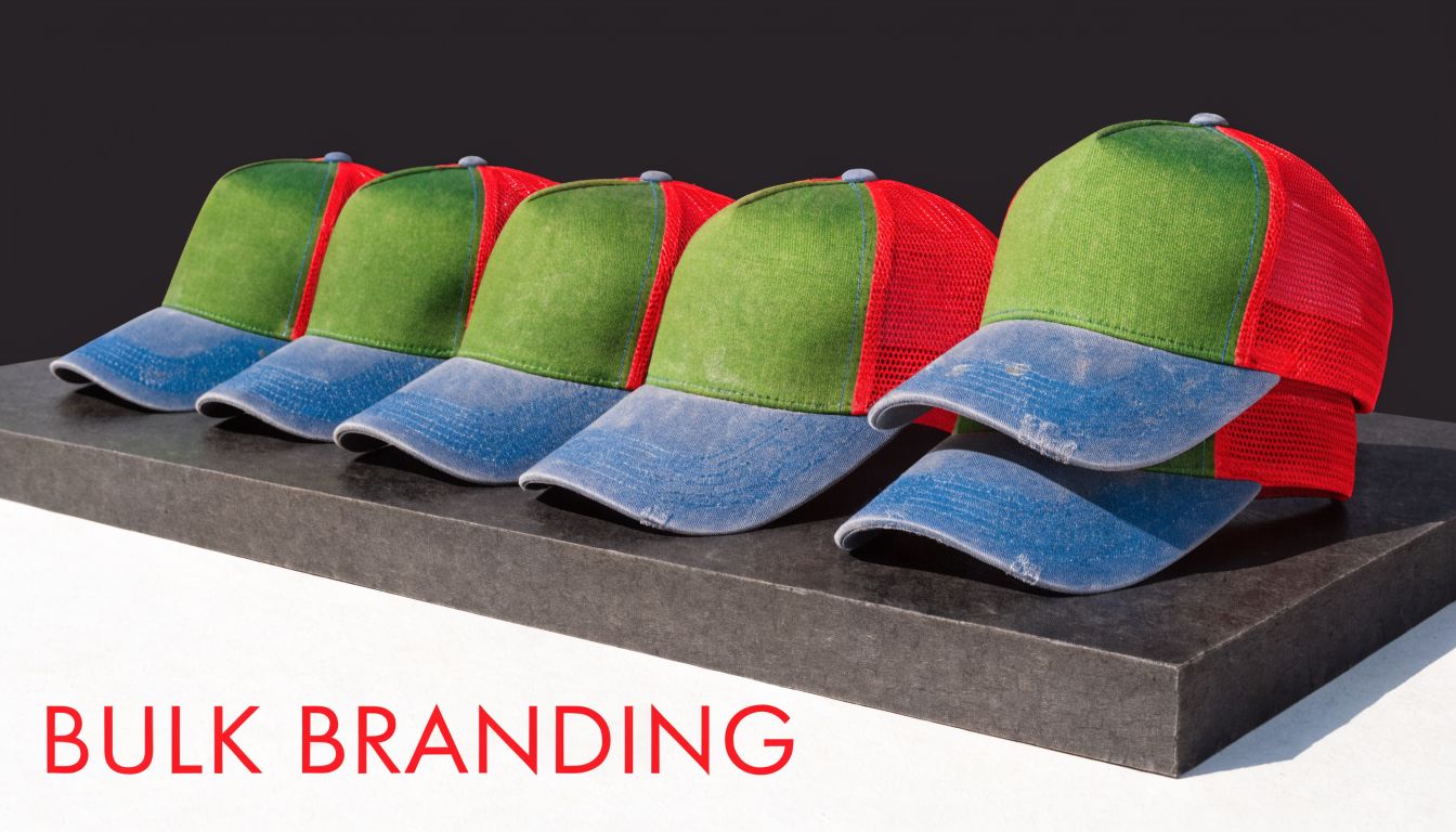 A line of six green and red distressed trucker hats resting on a dark rectangular surface.