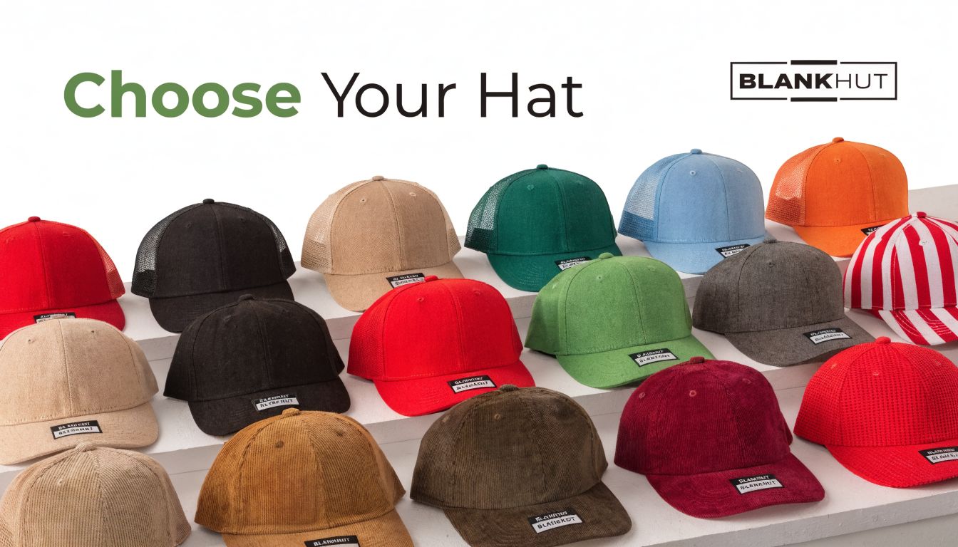 A display of various colorful custom flat bill baseball hats arranged on white steps.