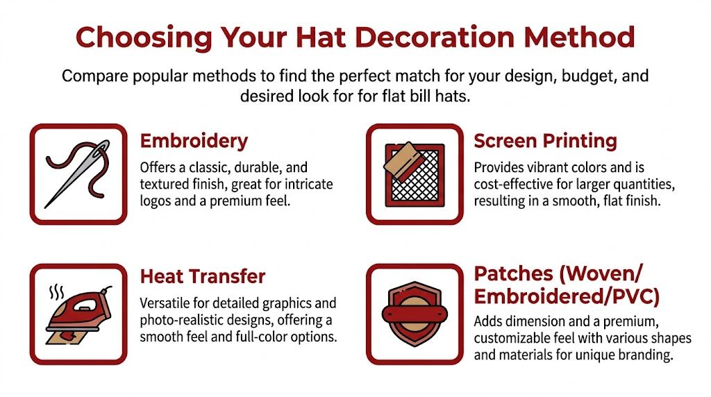 A comparison chart showing four different custom decoration methods for flat bill hats, including embroidery, screen printing, heat transfer, and patches.