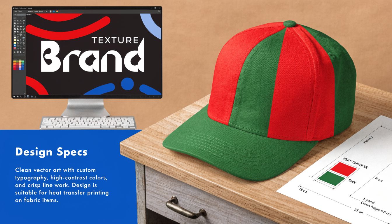 A custom six-panel cap on a wooden desk next to a computer displaying logo design software.