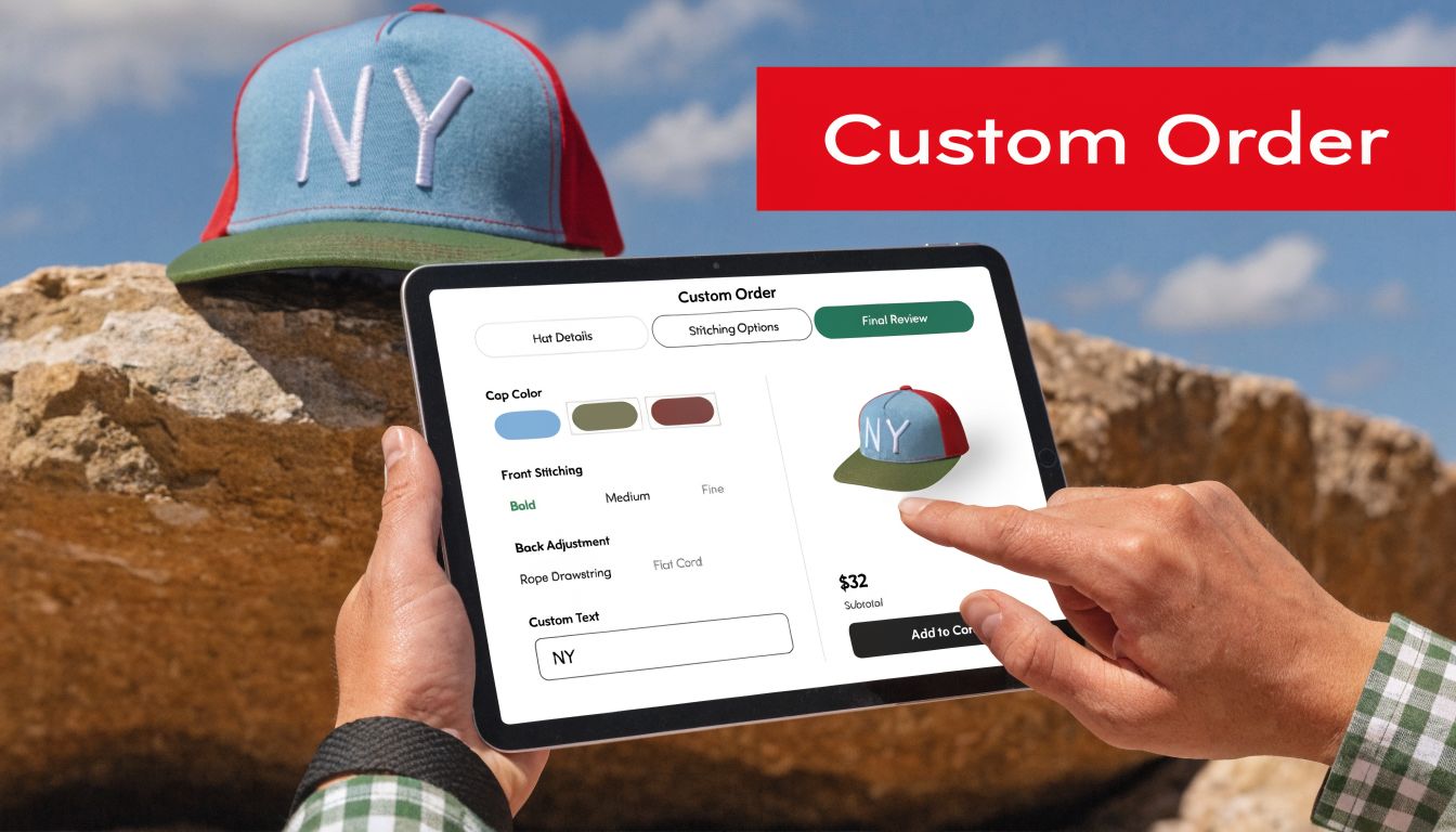 A person using a tablet to customize a hat design on a website while outdoors.