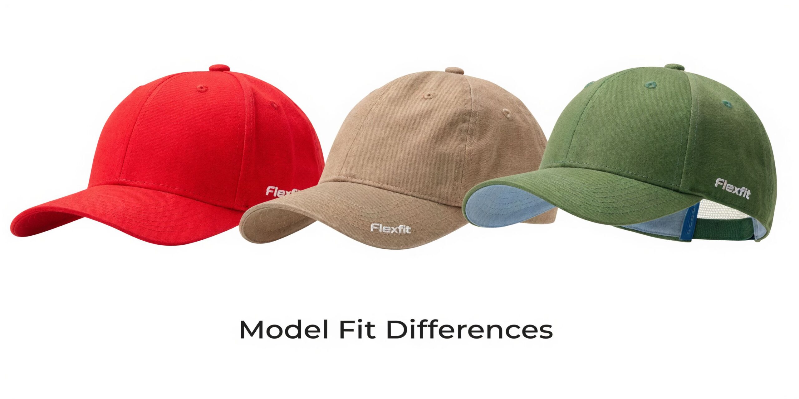 Three different colored Flexfit baseball caps displayed in a row with a label stating Model Fit Differences.