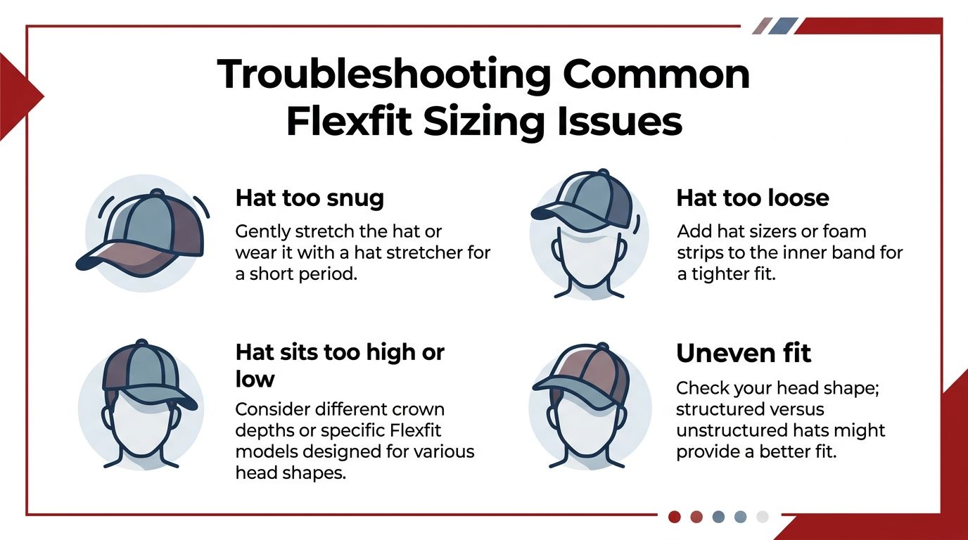 A helpful infographic illustrating common Flexfit hat sizing issues with solutions for snug, loose, or uneven fits.