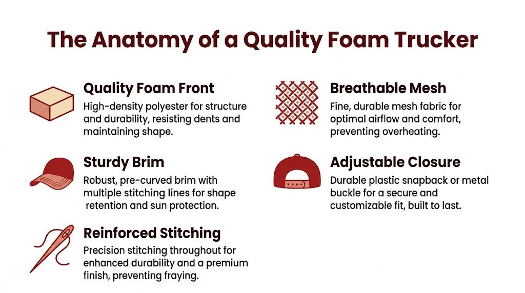 An infographic detailing the key anatomical features of a high-quality foam trucker hat for durability and comfort.