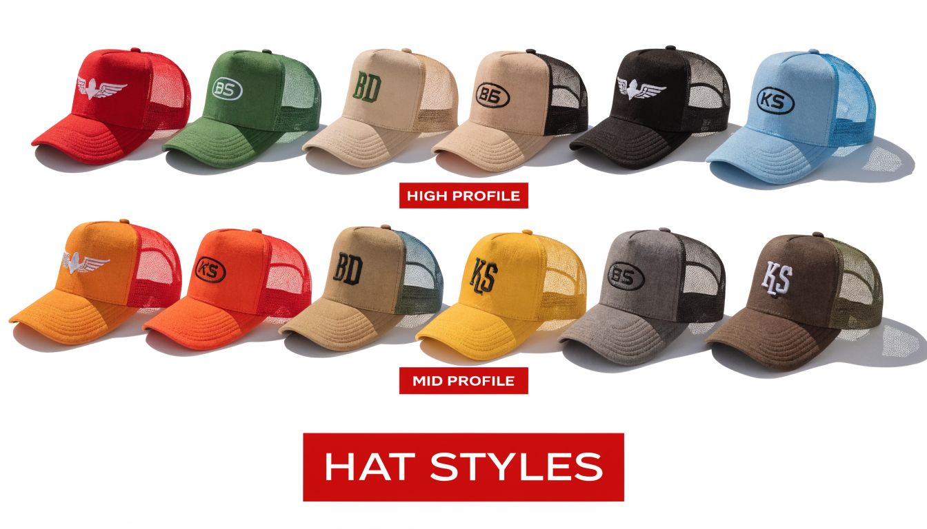A display of twelve different colored foam trucker hats categorized by high profile and mid profile styles.