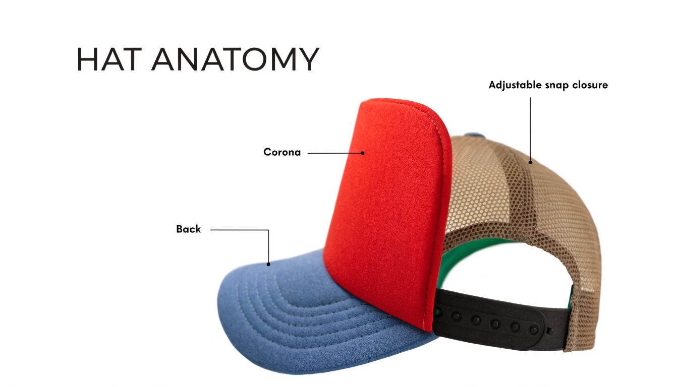 A diagram of a foam trucker hat showing the corona, back, and adjustable snap closure labels.