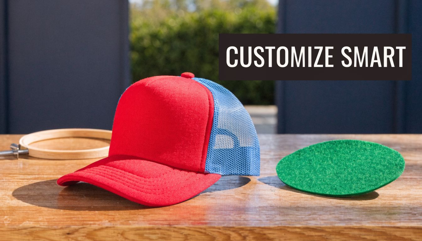A red and blue foam trucker hat sits on a wooden table beside a green patch.