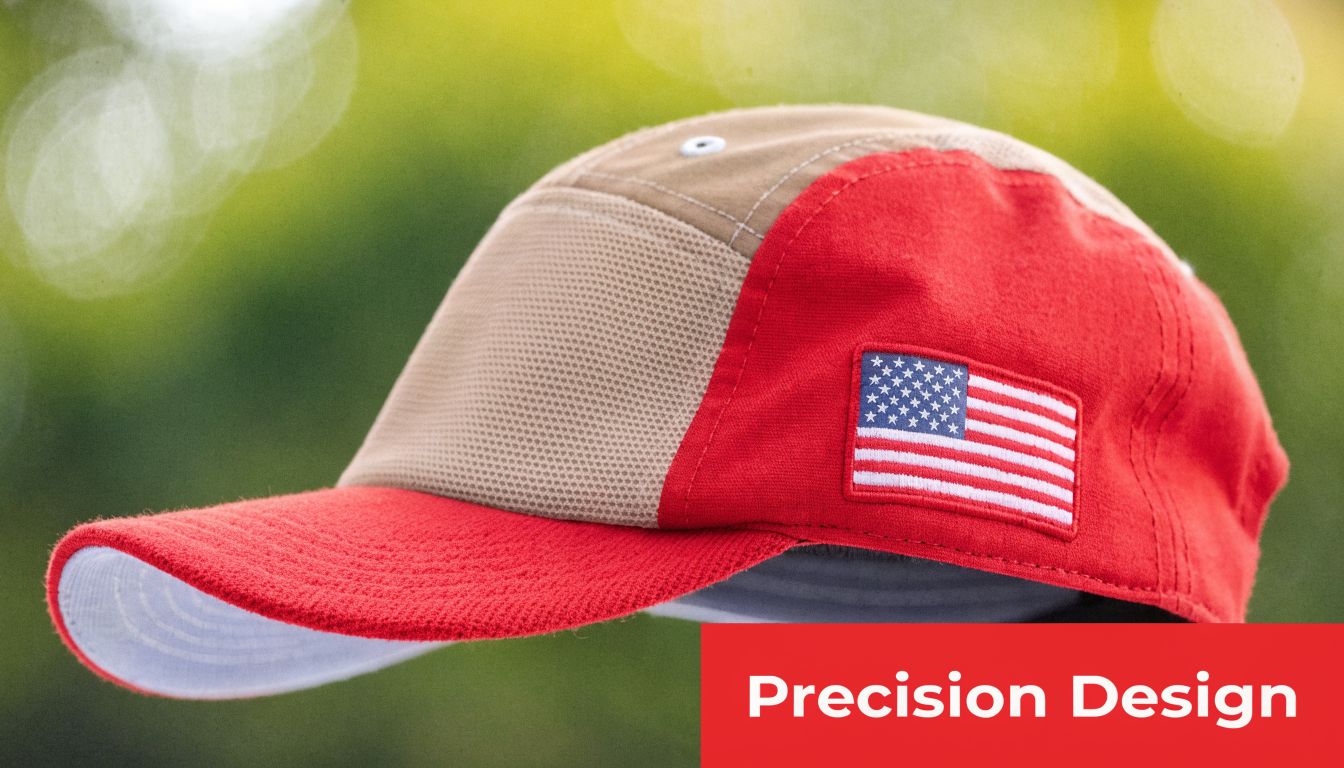 A side view of a red and tan baseball cap featuring an embroidered American flag patch.