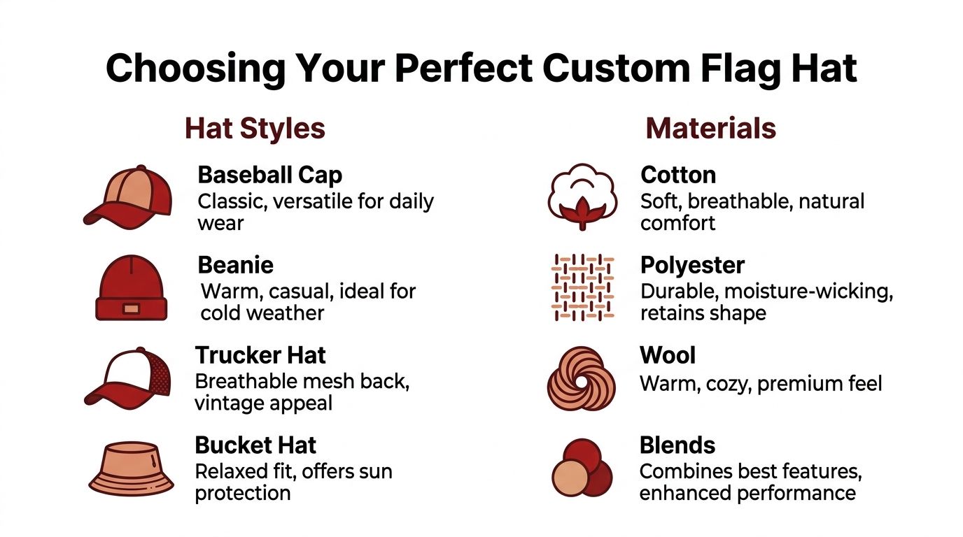 A guide illustrating various custom hat styles and material types to help you choose the perfect flag hat.