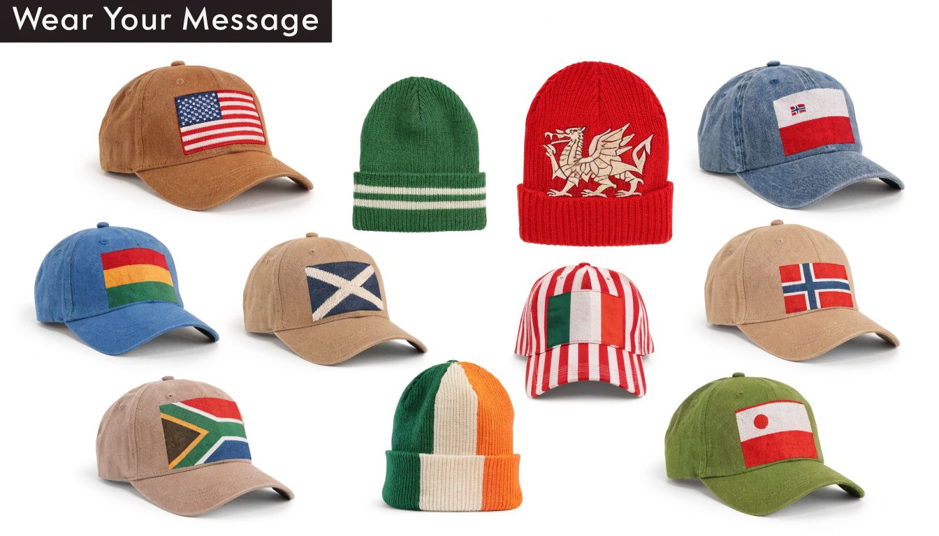 A collection of various baseball caps and beanies featuring diverse international country flag designs on a white background.
