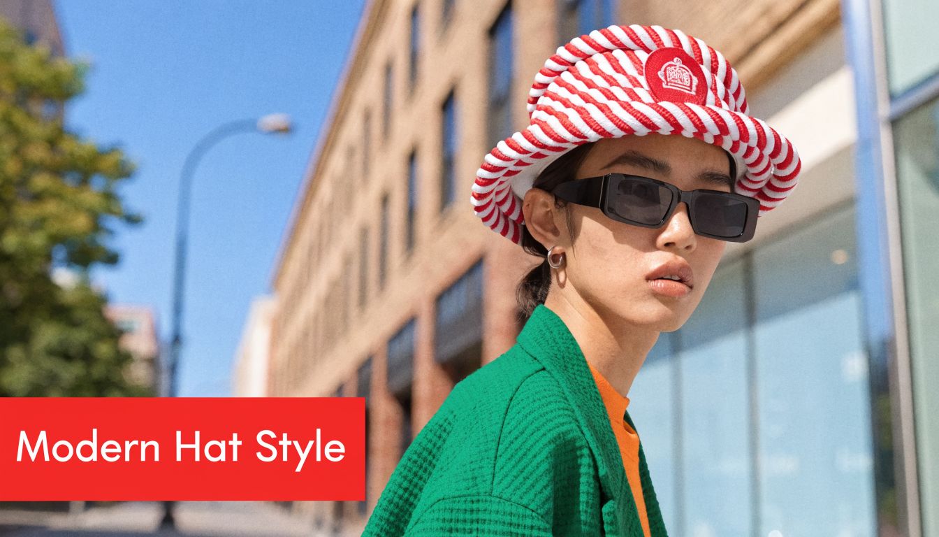 A person wearing a white and red rope bucket hat with sunglasses, styled against an urban background.