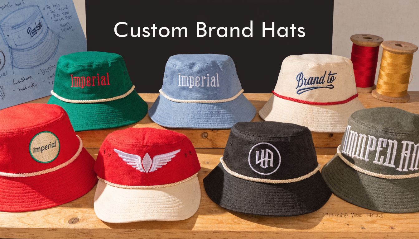 A collection of colorful Imperial custom bucket hats with rope accents displayed on a wooden table.