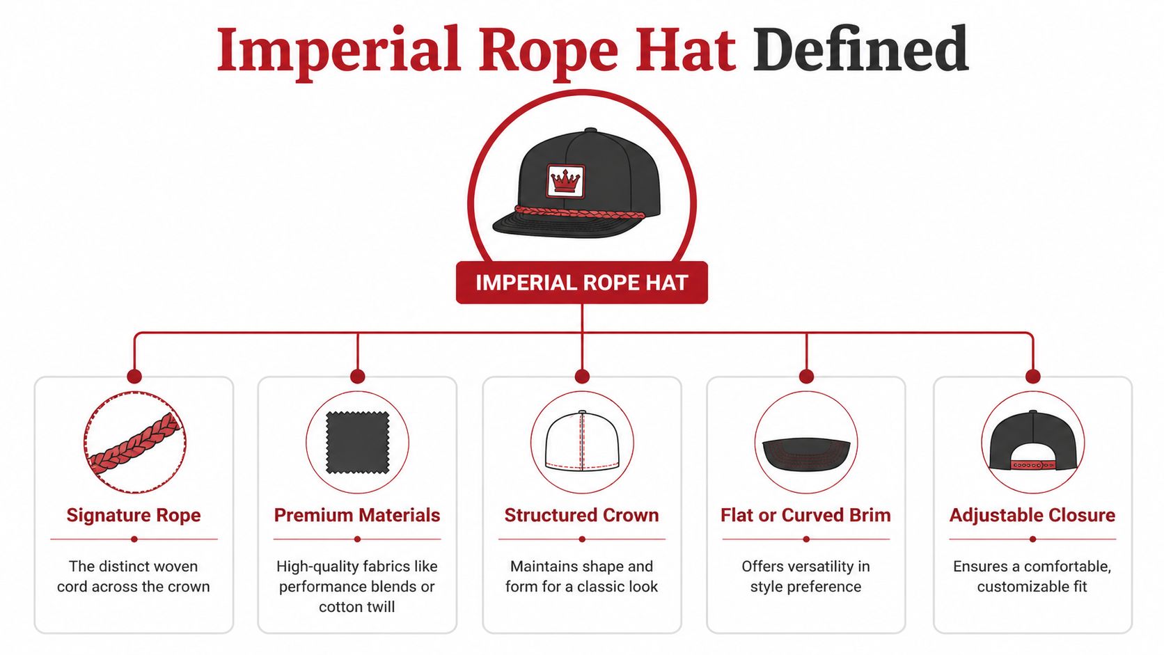 An infographic detailing the key features of an Imperial rope hat including material and design elements.