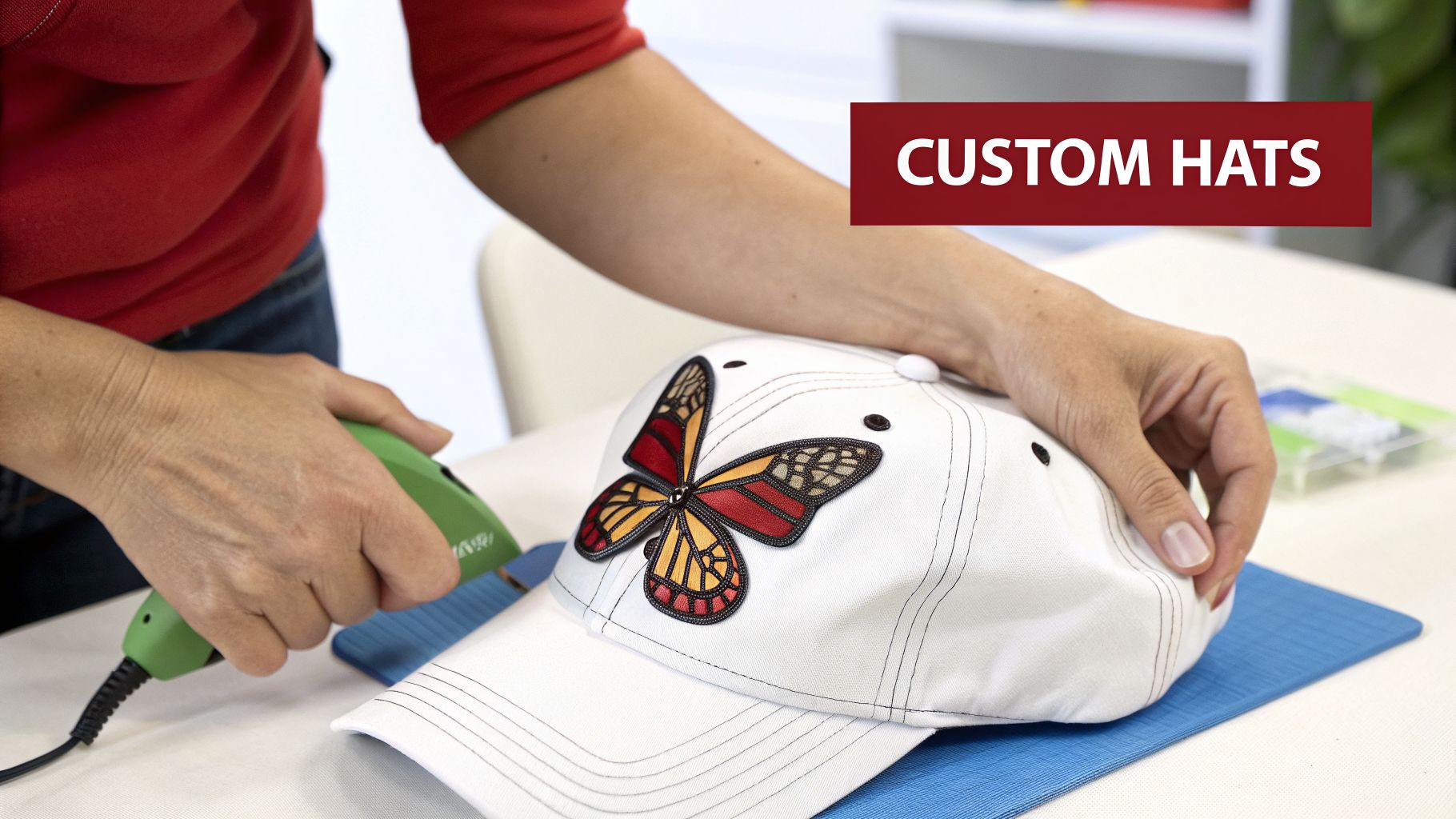 A person uses a green heat press tool to apply a vibrant butterfly patch onto a white baseball cap.
