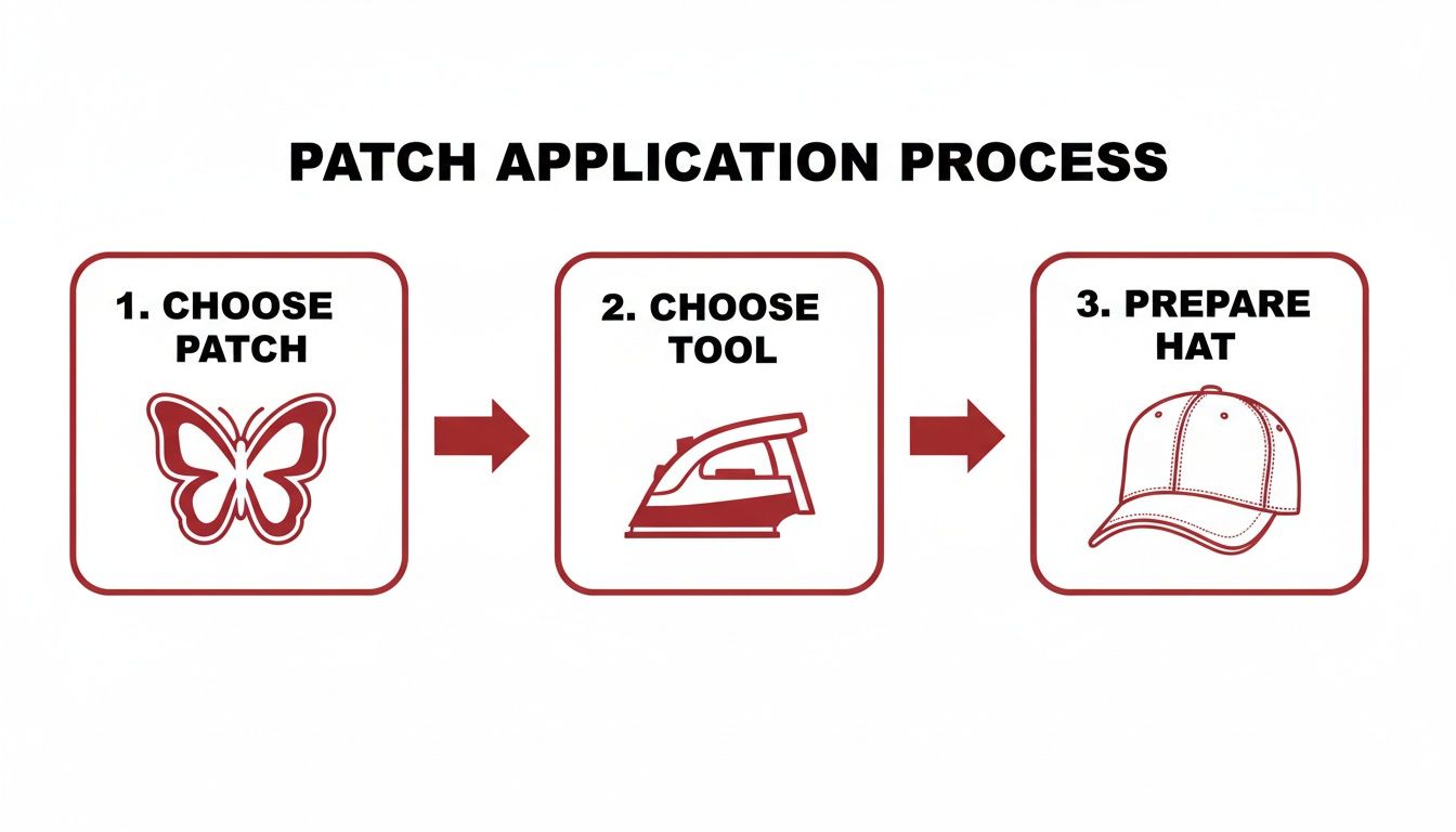 Diagram illustrating three steps for applying a patch: choose a butterfly patch, choose an iron, and prepare a hat.