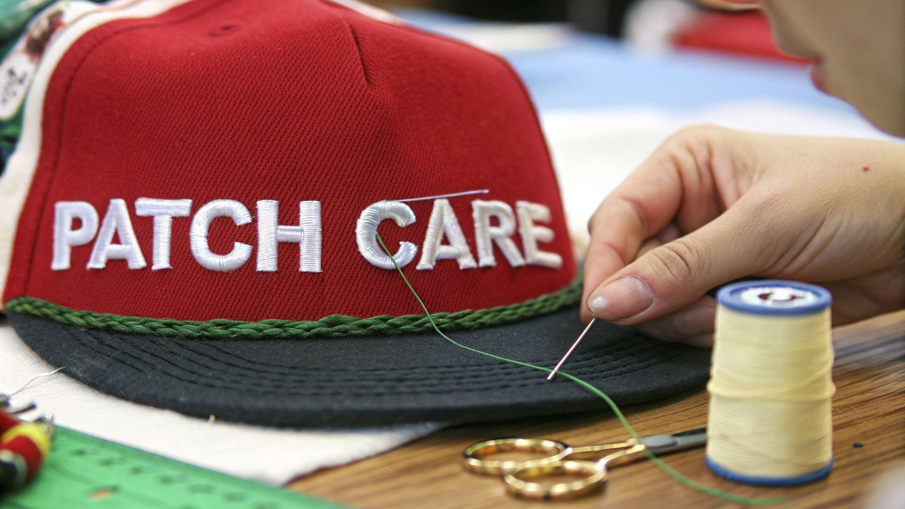 A person's hand meticulously sews white embroidered letters "PATCH CARE" onto a red and black cap.