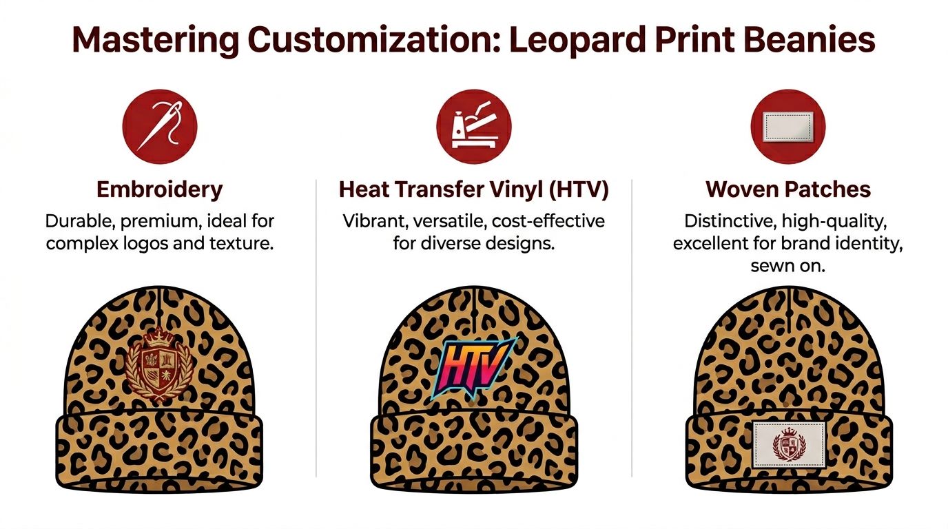 An infographic showing three ways to customize leopard print beanies: embroidery, heat transfer vinyl, and woven patches.
