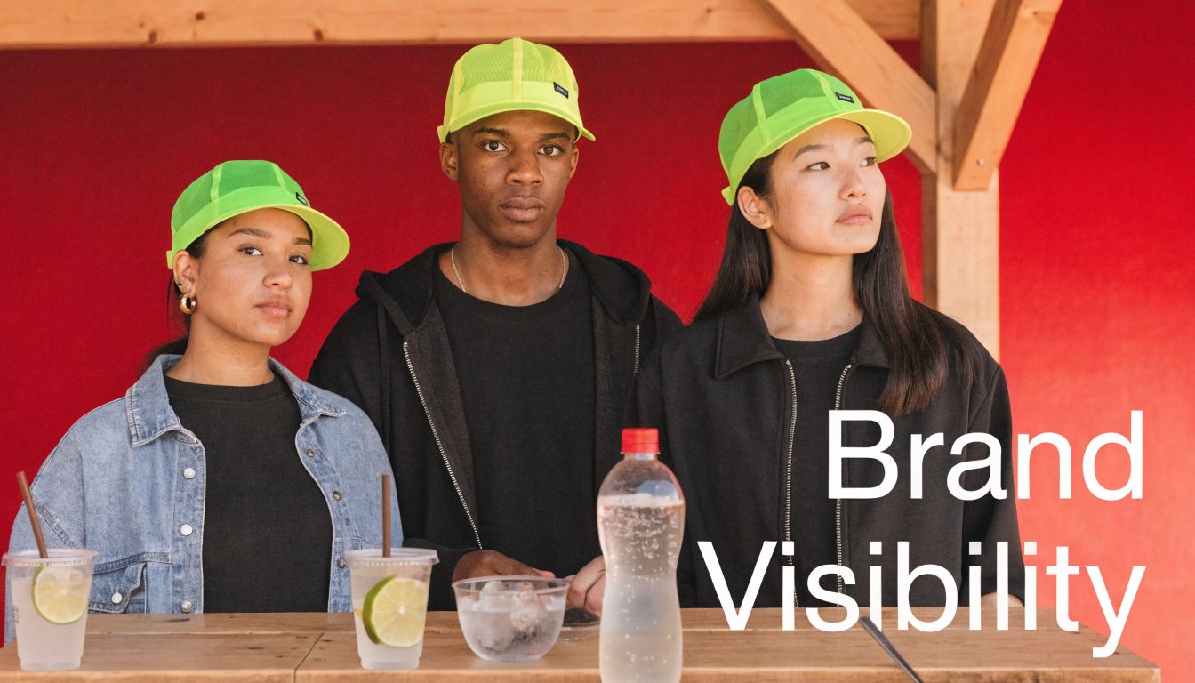Three young adults wearing vibrant neon mesh hats pose together behind a wooden table with drinks.