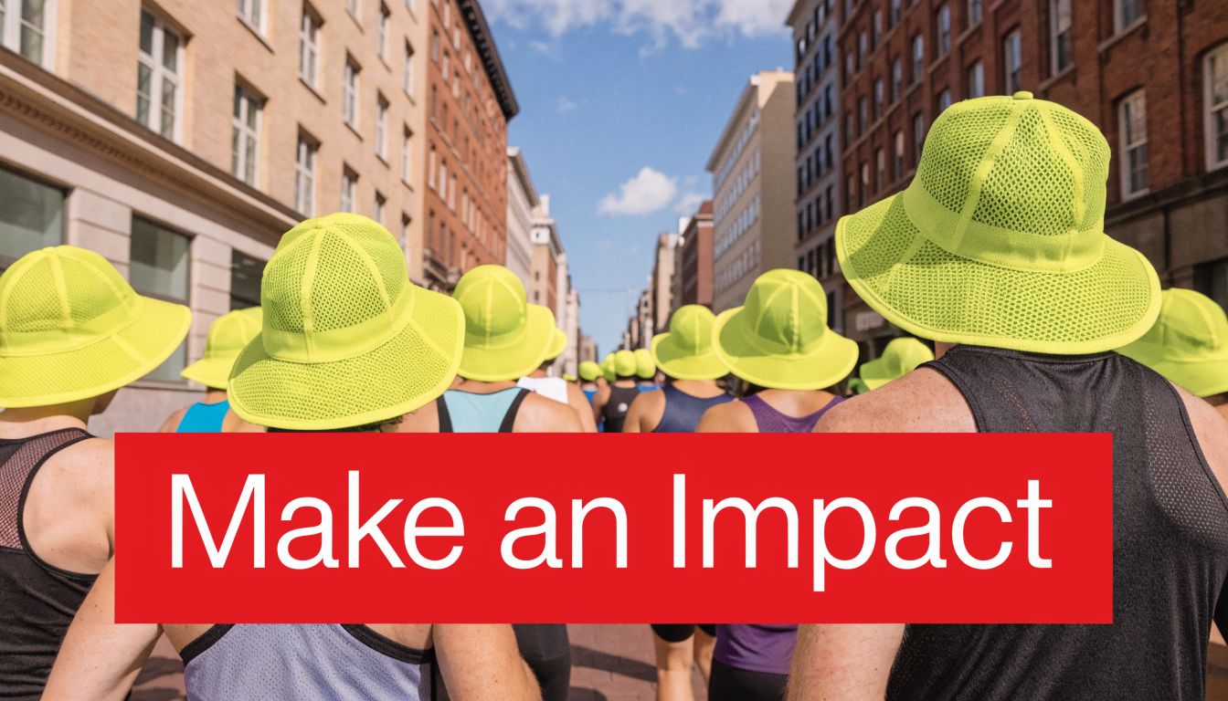 A group of people wearing matching bright neon yellow mesh hats while walking down a city street.