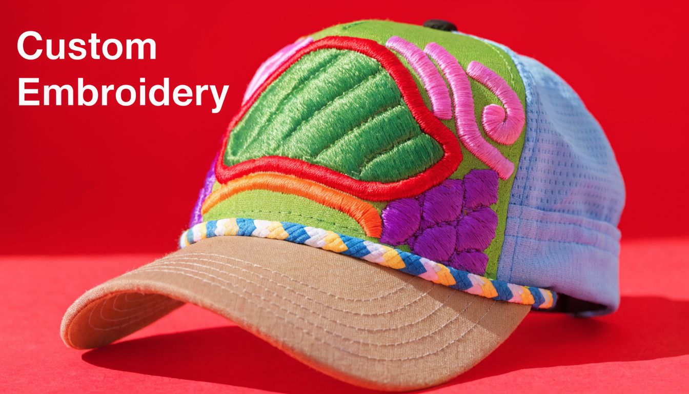 A custom embroidered baseball hat with vibrant green, pink, and purple designs on a red background.