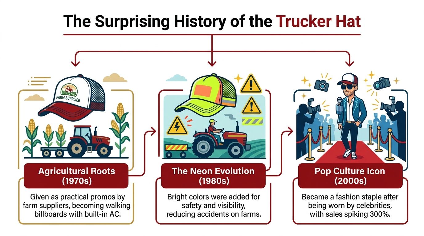 A colorful infographic illustrating the historical evolution of the trucker hat through three distinct stages.