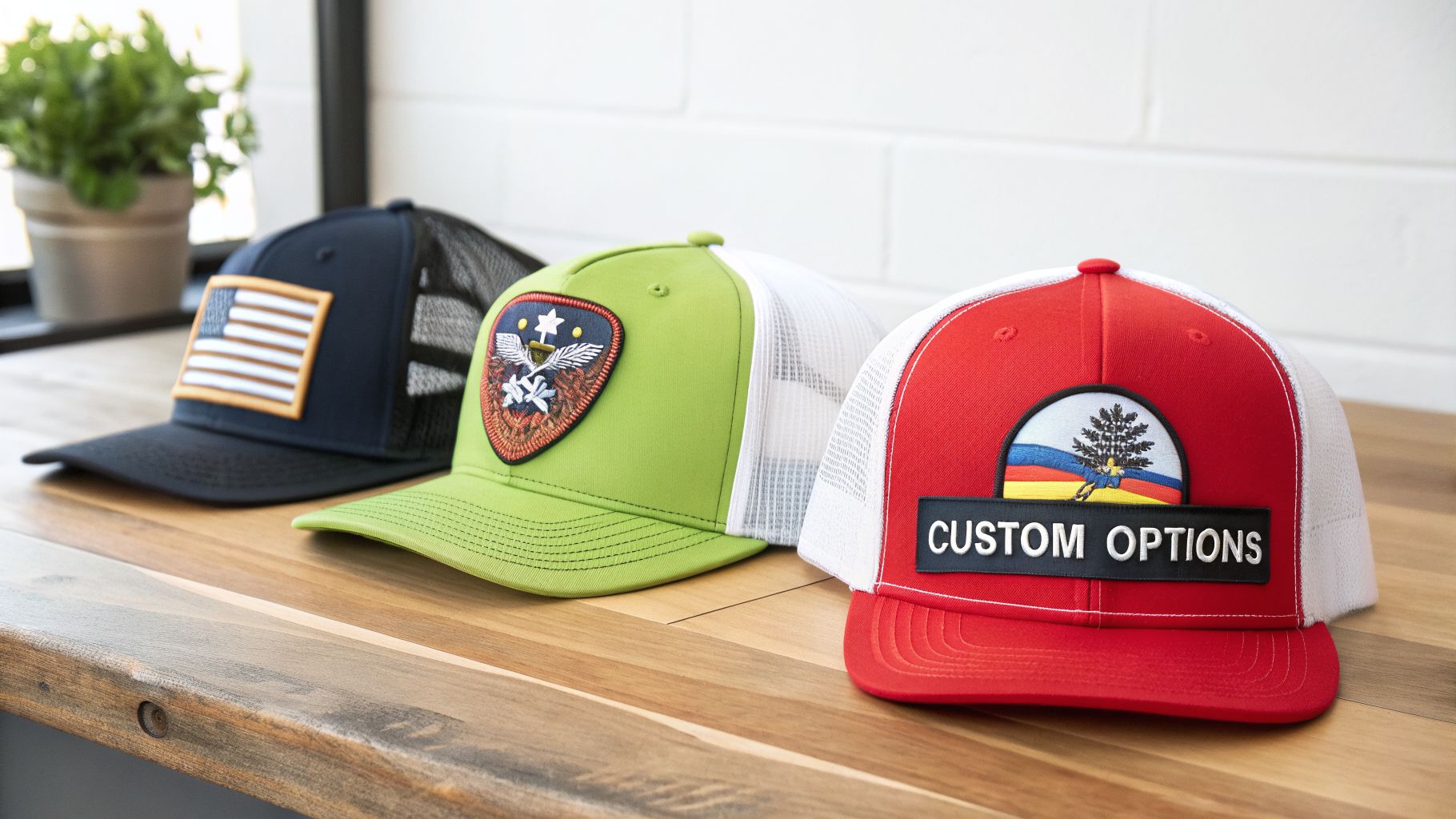 Three custom trucker hats in navy, lime green, and red, each with unique patches, displayed on wood.