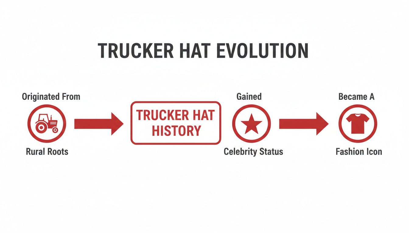 Flowchart showing the evolution of trucker hats from rural roots to celebrity status and fashion icon.