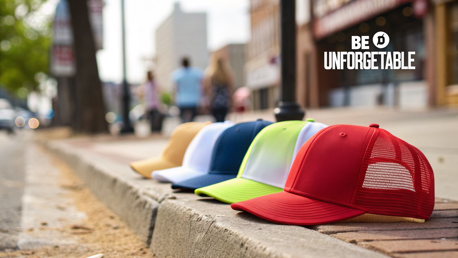 Five colorful trucker hats in red, neon green, blue, white, and yellow on a sidewalk.