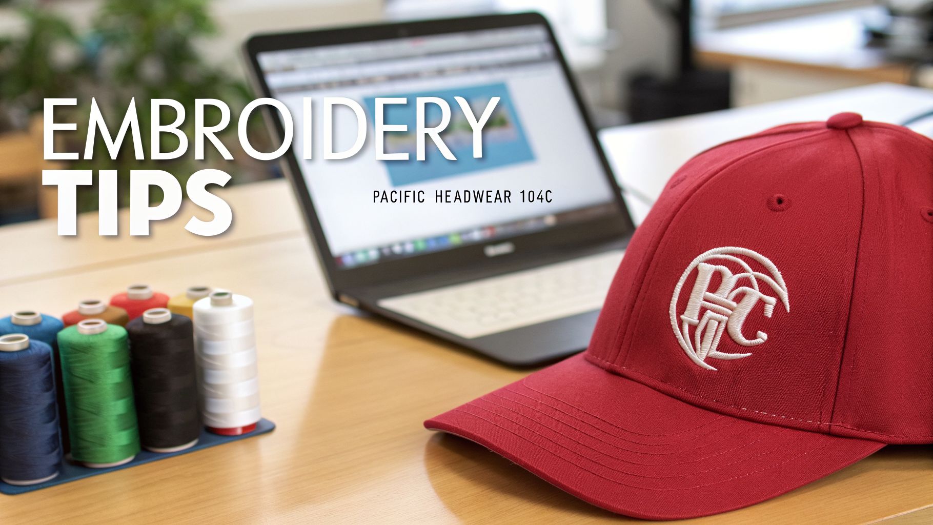 A red baseball cap with white embroidery sits next to colorful thread spools and a laptop displaying 'Embroidery Tips'.