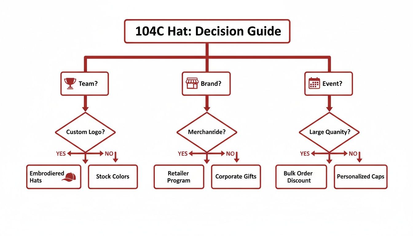 A flowchart titled '104C Hat: Decision Guide' for choosing hat options based on different needs.