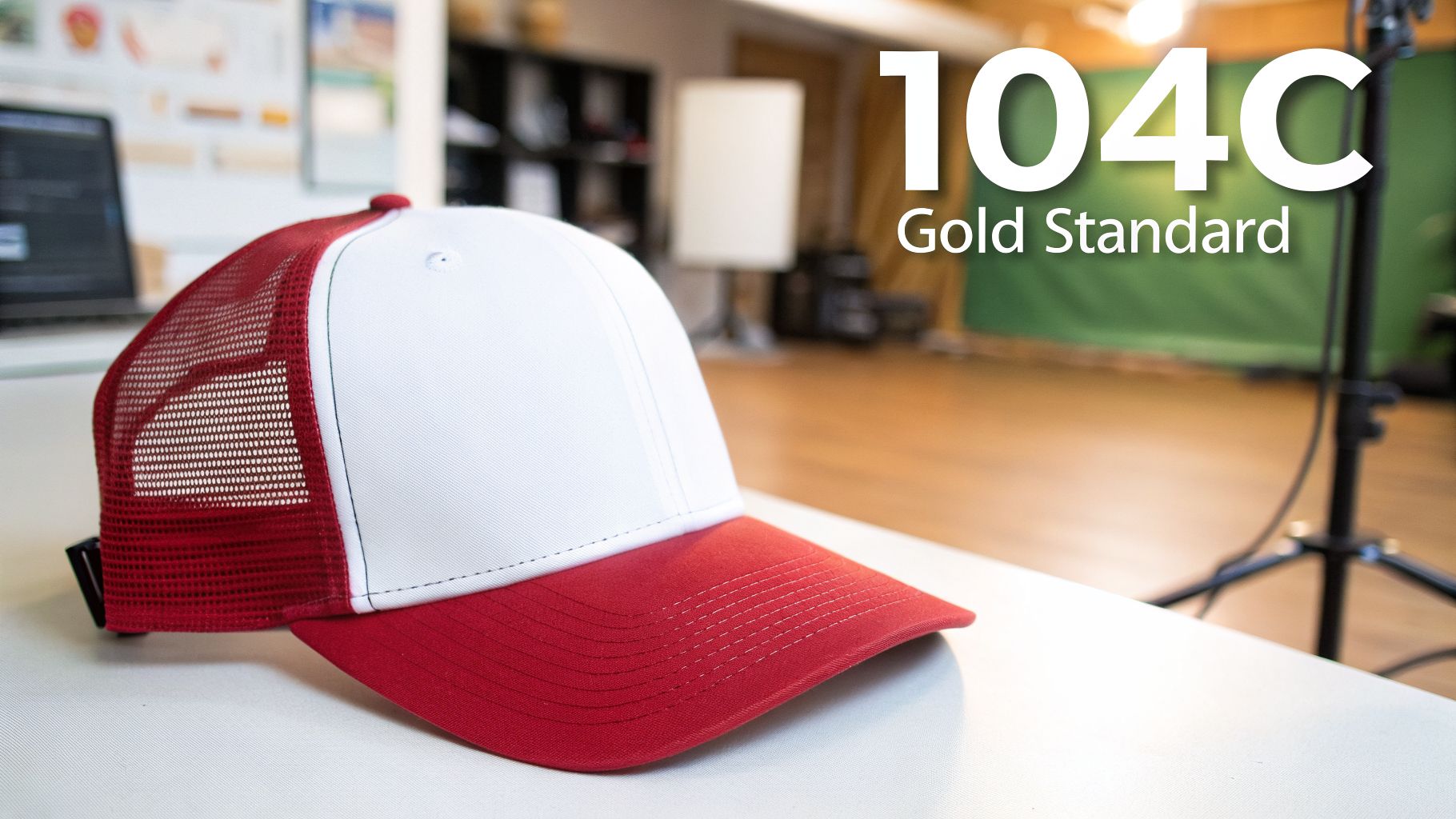 A white and red trucker hat with mesh back on a white table in a studio setting.