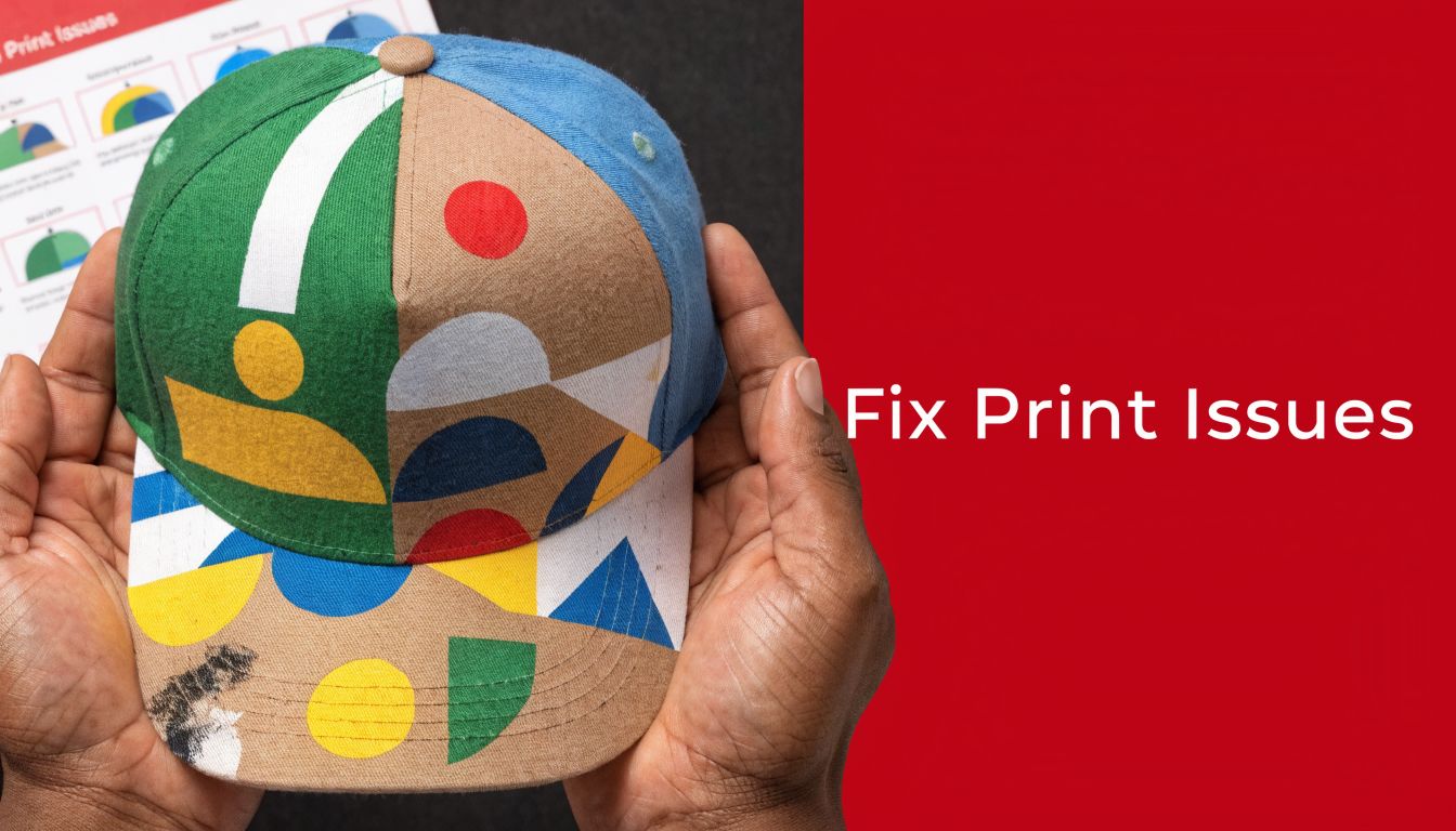 A person holds a colorful custom printed baseball cap showcasing various geometric graphic design print issues.
