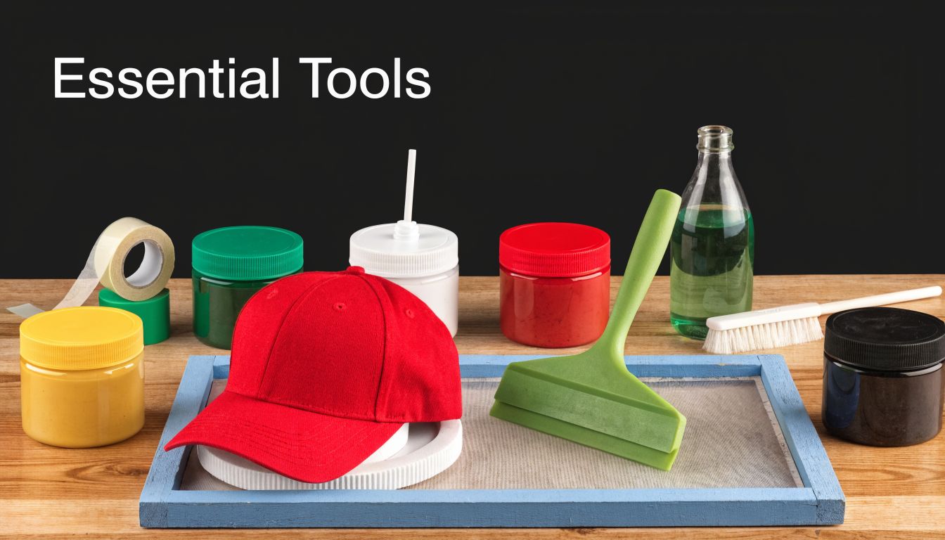 A collection of silk screen printing supplies including a hat, paint jars, squeegee, and a screen frame.