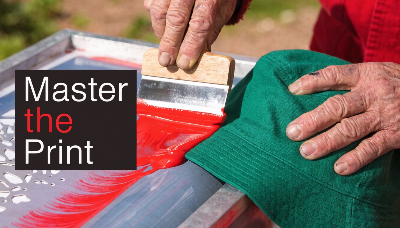 A close-up view of a person using a squeegee to apply red ink during screen printing.