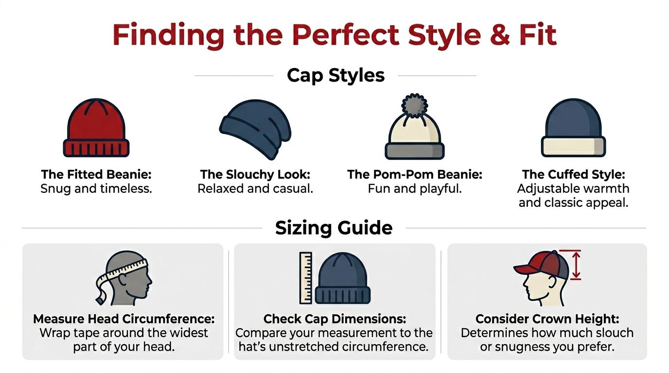 An infographic illustrating different beanie cap styles and a step-by-step guide on how to measure for fit.