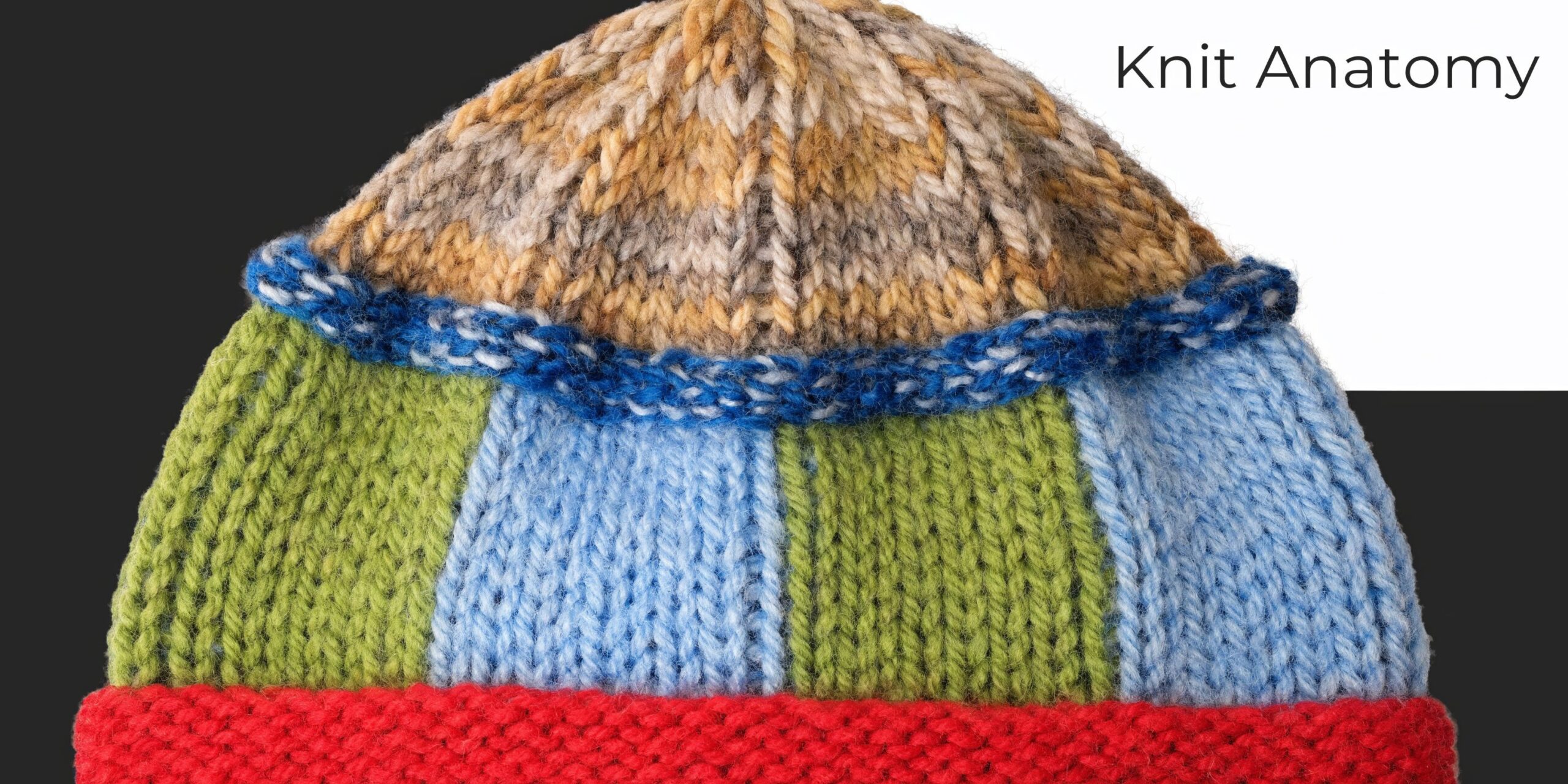 A close-up of a colorful hand-knitted stocking cap featuring stripes of green, blue, brown, and red yarn.