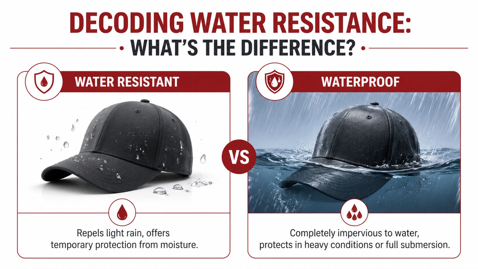 A comparison graphic showing a water-resistant cap against a waterproof cap under different weather conditions.