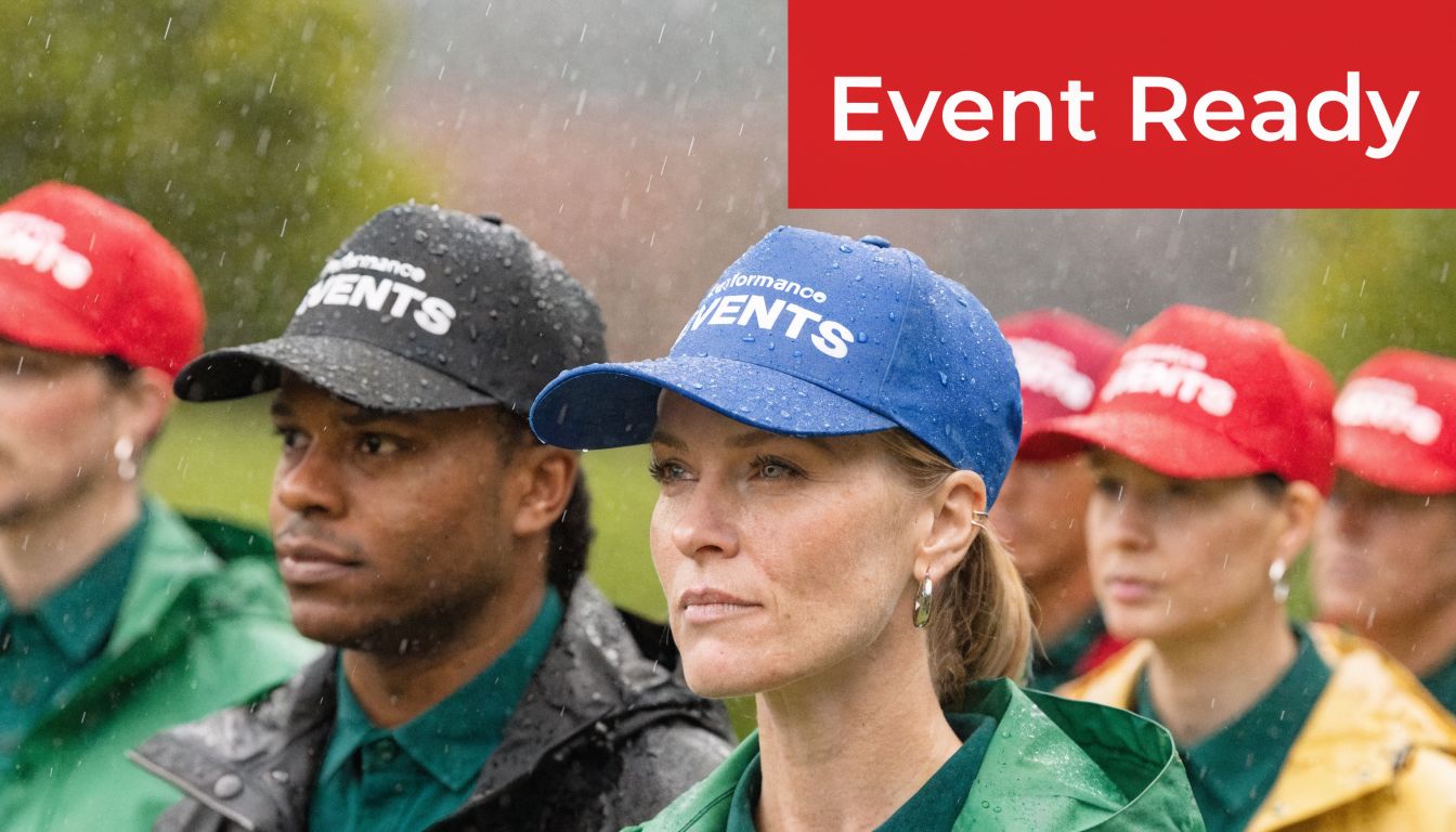 A diverse group of event staff wearing water resistant caps standing together in the rain outside.