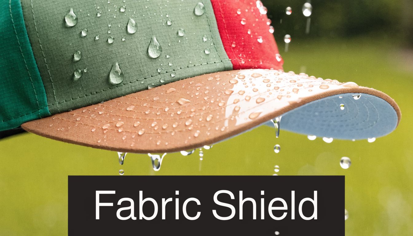 A close-up of a multi-colored cap featuring water-resistant fabric with rain droplets resting on its surface.